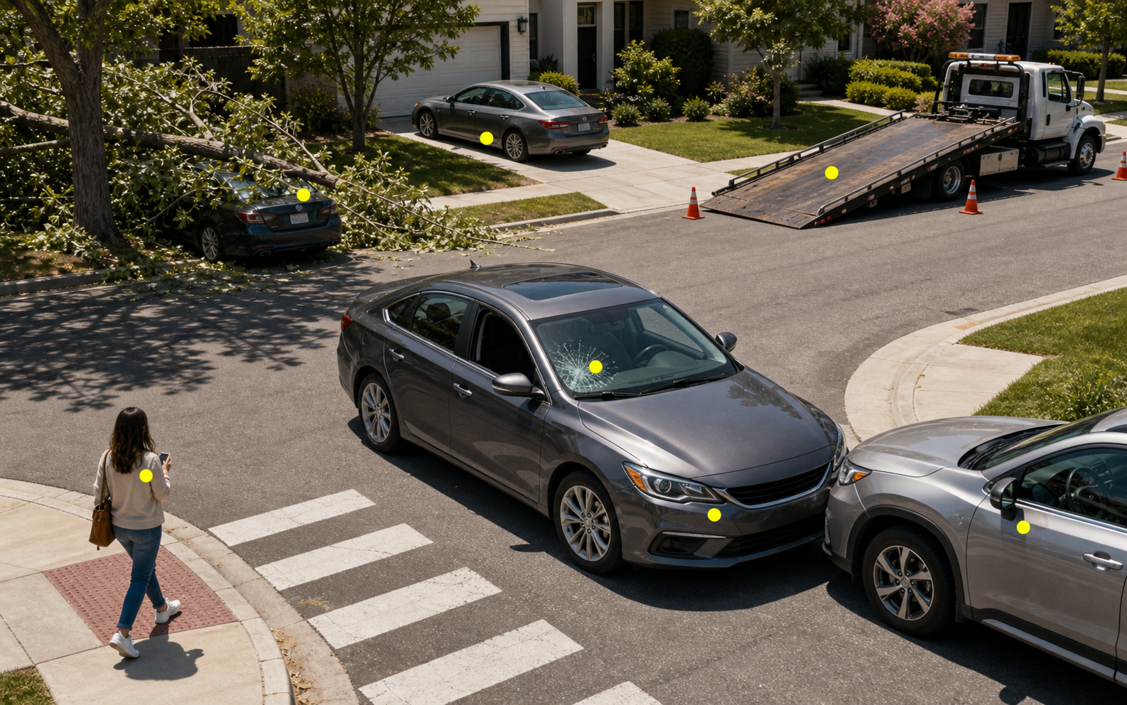 Realistic suburban street scene with cars, a minor collision, windshield damage, a fallen tree branch, a tow truck, and a pedestrian at a crosswalk