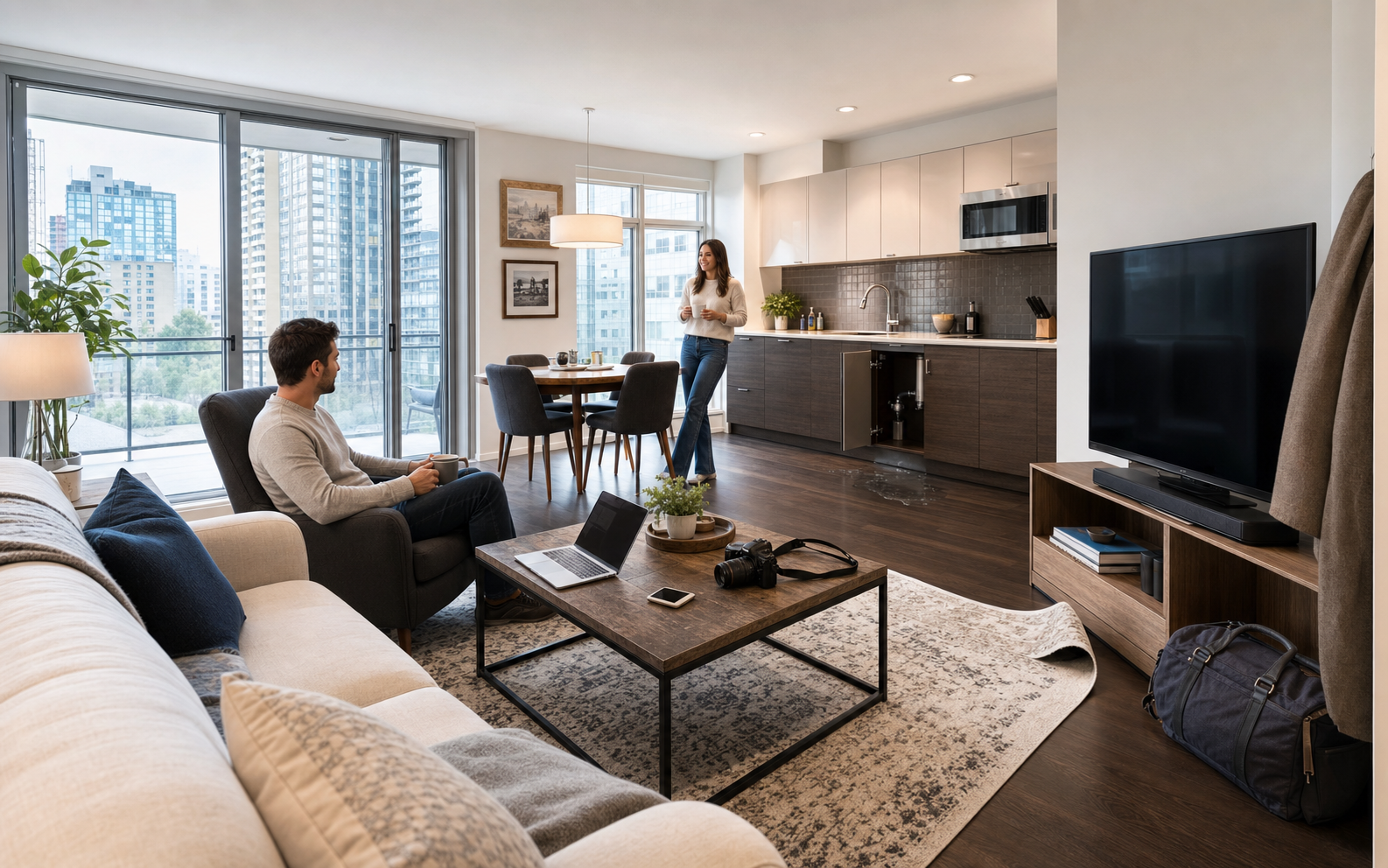 Realistic modern condo interior with balcony doors, upgraded kitchen, television, personal electronics, visiting guest, curled rug edge, water beneath the sink, and an overnight bag