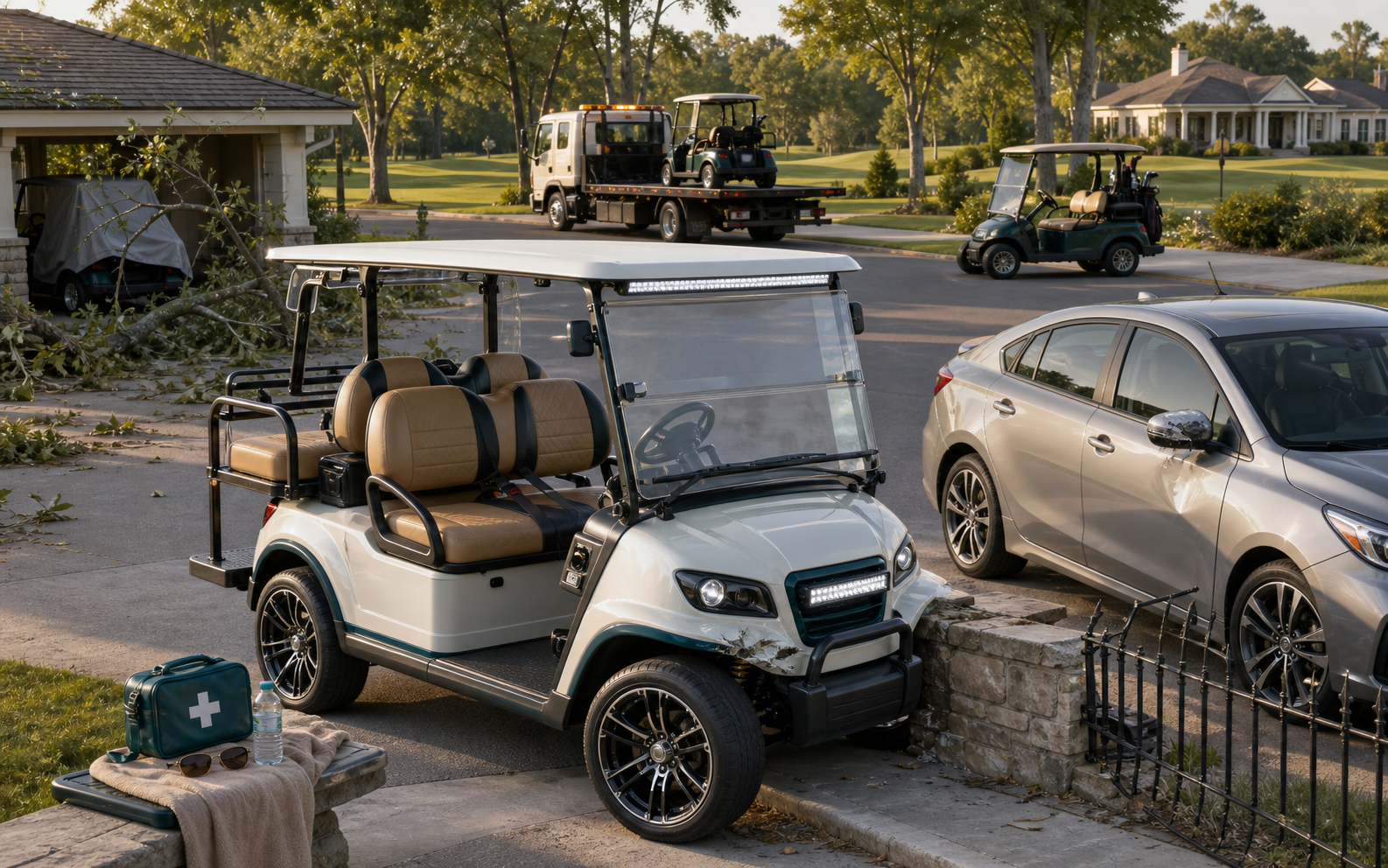 Realistic golf community scene with a customized pearl-white golf cart, nearby car and fence, curb impact, storm debris, another cart, recovery truck, and first-aid supplies