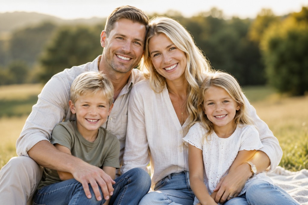 Family sitting together outdoors on a blanket