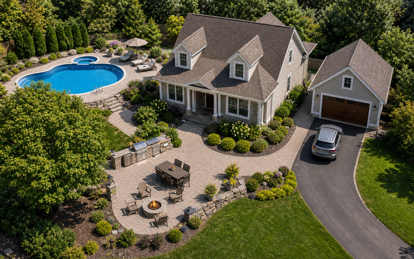 Realistic aerial view of a suburban home with a roof, swimming pool, garage, patio, driveway, trees, and lawn