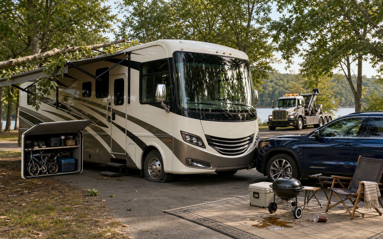 Realistic lakeside campground scene with a Class A motorhome, storm-damaged awning, open belongings bay, flat tire, tow truck, nearby SUV, and campsite setup