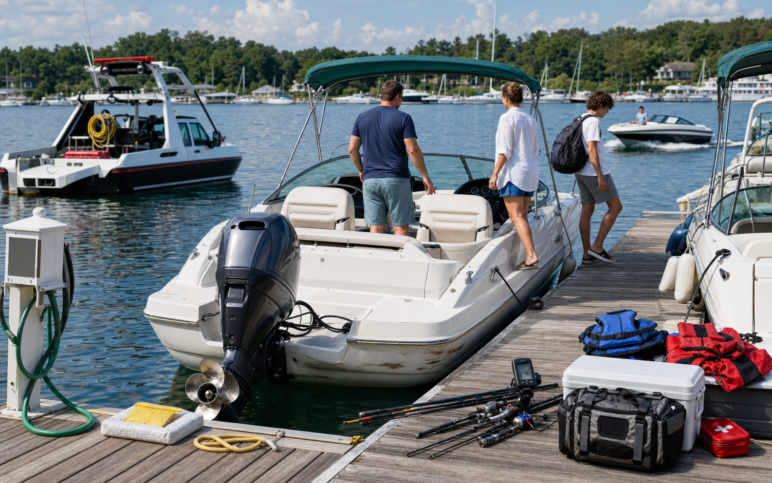 Realistic marina scene with a family powerboat, passengers, safety gear, a passing boat, fishing equipment, an assistance vessel, and fuel-dock equipment